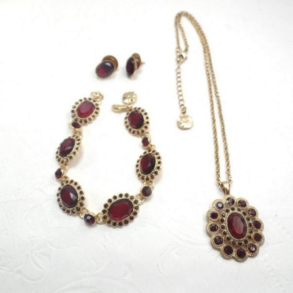 Monet Gold Tone Red Gemstone Jewelry Set
